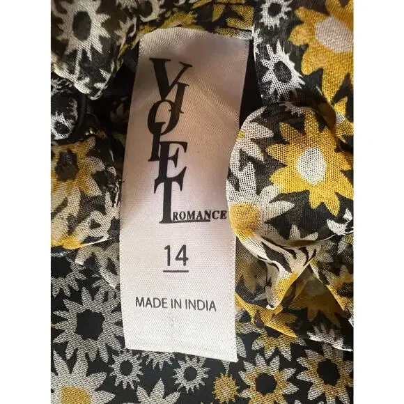 Violet Dress Womens Size 14 Prairie Flowy Floral Ruffle Dress Black Yellow Boho - Picture 6 of 6